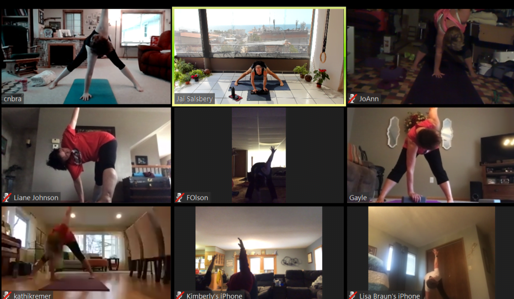 This is a screenshot of a zoom meeting where 8 students from all over are practicing virtual yoga with Vallarta Breeze Yoga in Puerto Vallarta