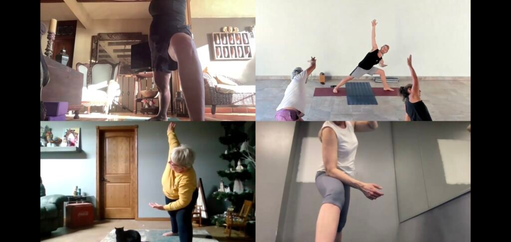 Virtual Yoga and Studio Class Hybrid This image shows a zoom screen where there are virtual participants as well as students practicing in the Vallarta Breeze Yoga studio with the teacher.