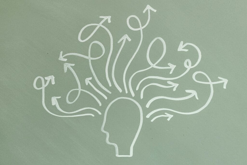 Abstract illustration symbolizing mental health and ADHD awareness with arrows representing thoughts.