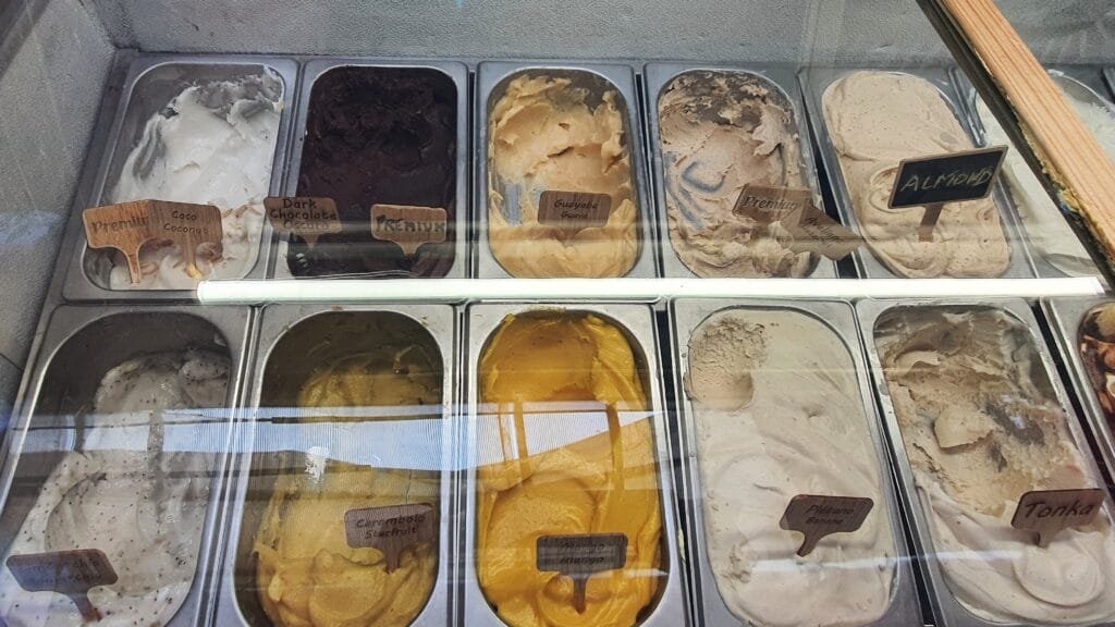 Vegan Selection at JALato Puerto Vallarta Victor Manuel from Vallarta Breeze Yoga Studio Puerto Vallarta looking at the Vegan Selection of Gelato at JALato Puerto Vallarta